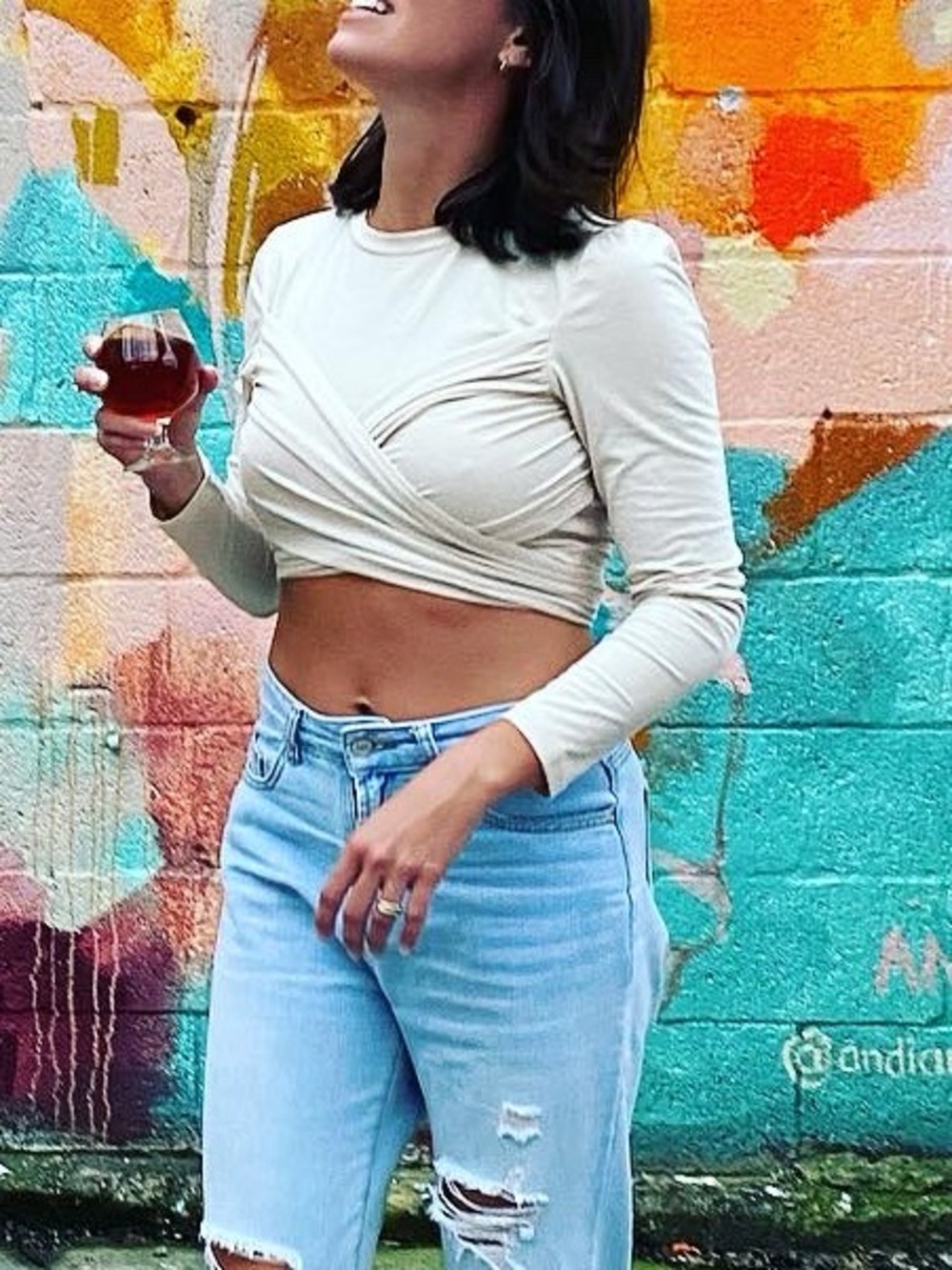 Cream long sleeve crop top with bow tie back